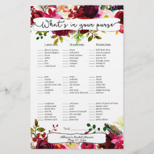 Bridal Shower Games purse / bingo, burgundy floral