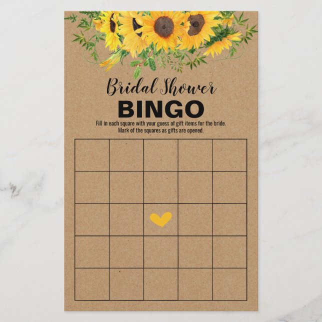 Bridal Shower Games Rustic Sunflowers Bingo Card (Front)
