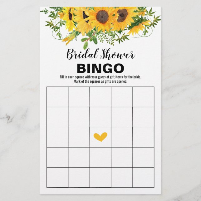 Bridal Shower Games Sunflowers Bingo Card (Front)