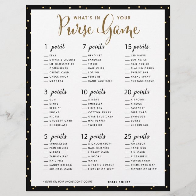Bridal Shower Games | What's In your Purse Game (Front)