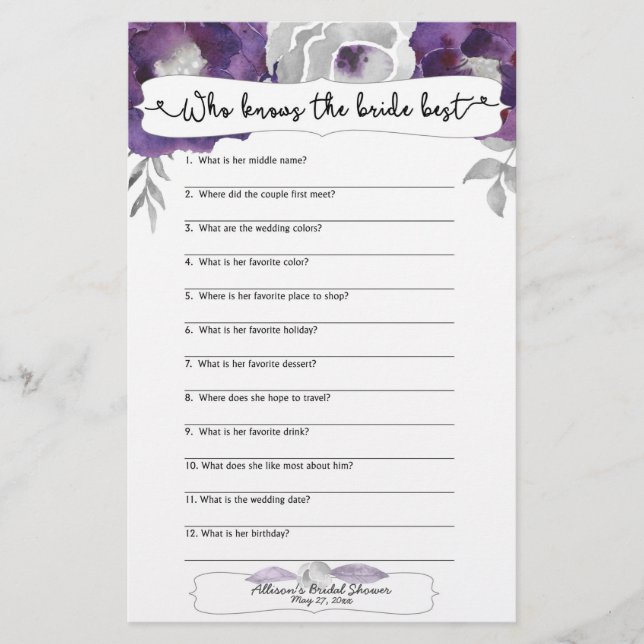 Bridal Shower Games who knows the bride best 3963 Flyer (Front)