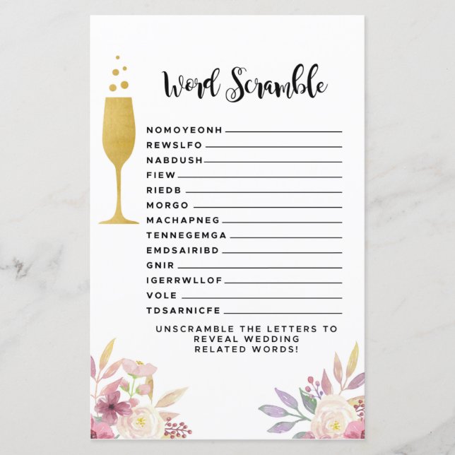 Bridal Shower Games Word Scramble Game Champagne (Front)
