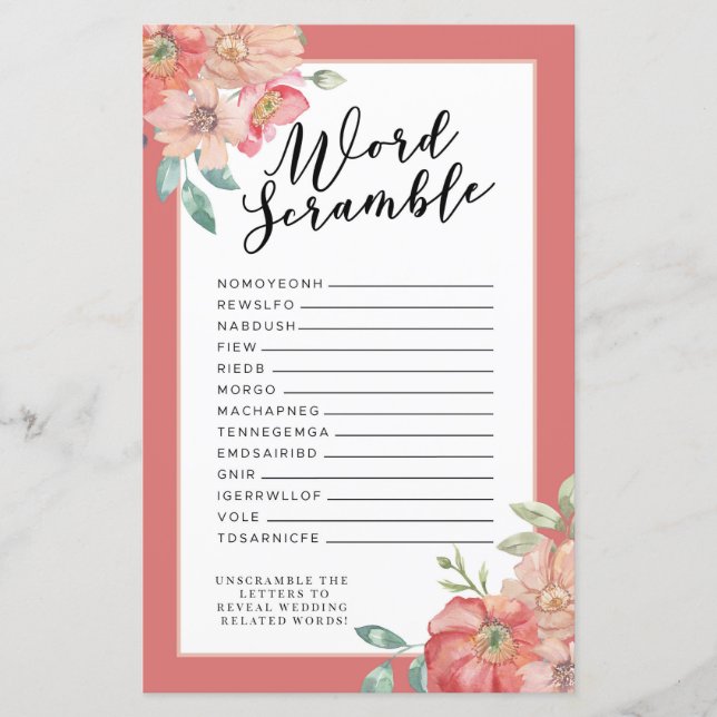 Bridal Shower Games Word Scramble Game Pink Flower (Front)