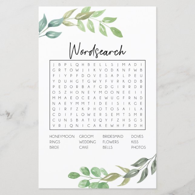 Bridal Shower Games Word Search Game Greenery (Front)