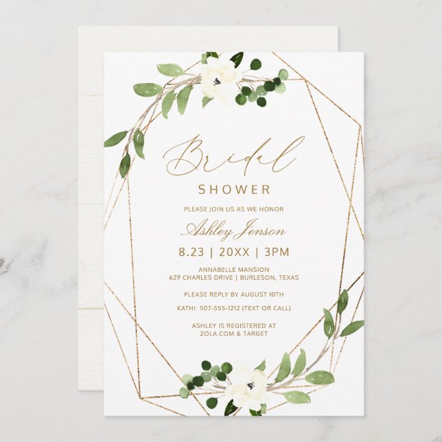 Bridal Shower Geometric Greenery Vines Watercolor Invitation (Front/Back)