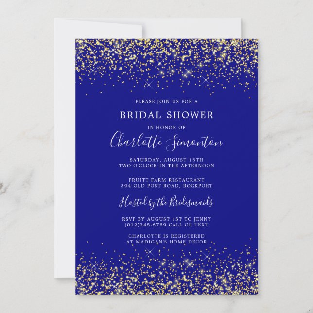 Bridal Shower Glitter Gold Navy Blue Glam Invitation (Front)