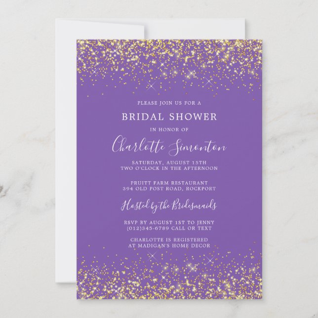 Bridal Shower Glitter Gold Royal Purple Invitation (Front)