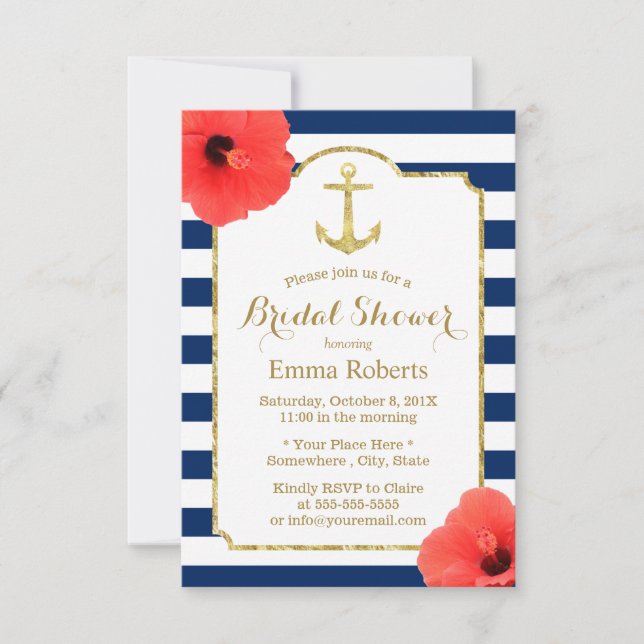 Bridal Shower Gold Anchor Nautical Navy Stripes Invitation (Front)