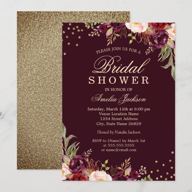 Bridal Shower Gold Burgundy floral Sparkle Invitation (Front/Back)