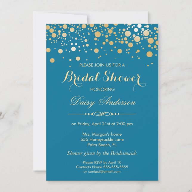 Bridal Shower - Gold Confetti Dots Royal Blue Invitation (Front)
