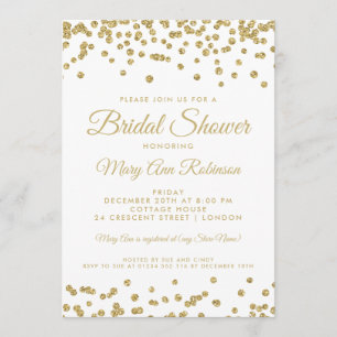 Bridal Shower Gold Faux Glitter Confetti White Invitation
