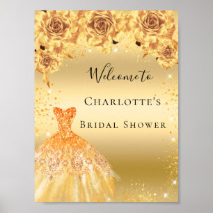 Bridal Shower gold glitter dress florals welcome Poster