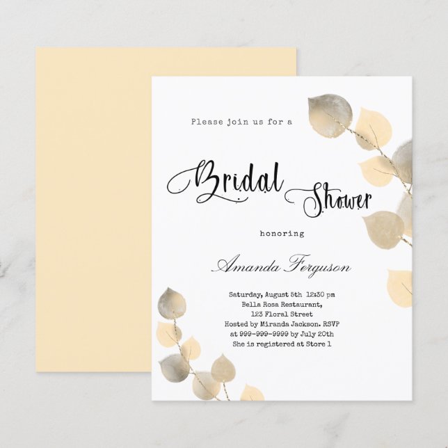 Bridal Shower golden eucalyptus budget invitation (Front/Back)