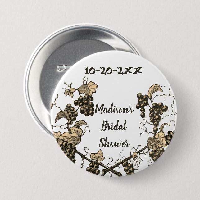 Bridal Shower Grape Vines Wedding Celebration 3 Inch Round Button (Front & Back)