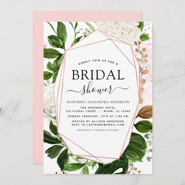 Bridal Shower Greenery Rose Gold Geometric Invitation (Front/Back)