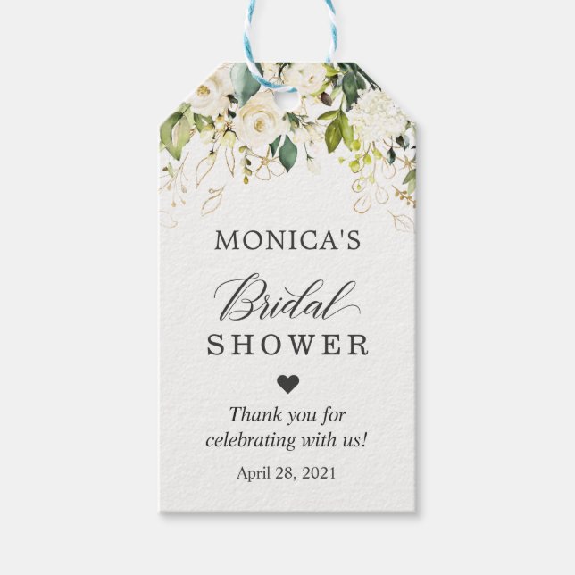 Bridal Shower Greenery White Rose Floral Gift Tags (Front)