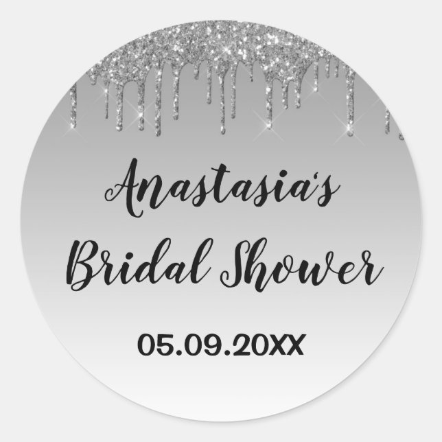 Bridal Shower Grey & Silver Glitter Drips Sparkle Classic Round Sticker (Front)
