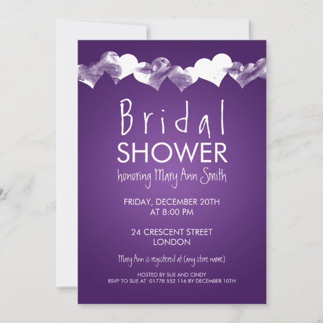 Bridal Shower Grunge Hearts Purple Invitation (Front)