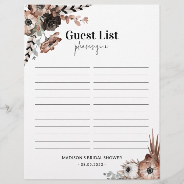 Bridal Shower Guest List Sign In Sheet Dark Floral (Front)
