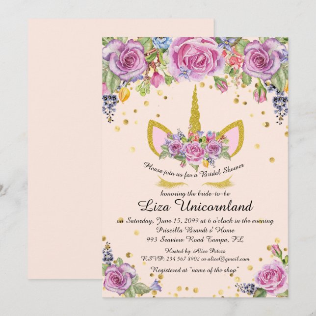 Bridal Shower Honouring, unicorn,pink,flowers Invitation (Front/Back)