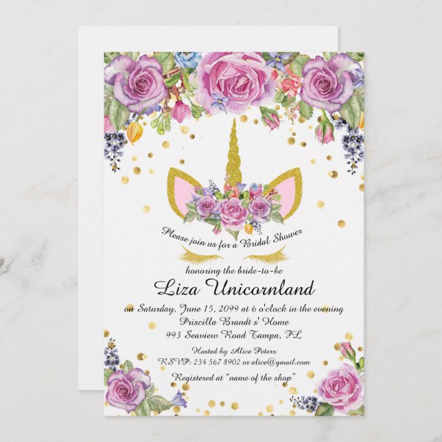 Bridal Shower Honouring, unicorn,white,flowers Invitation (Front/Back)