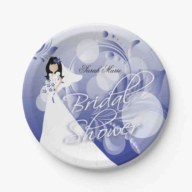 Bridal Shower in a Pretty Navy Blue and White Paper Plate (Front)