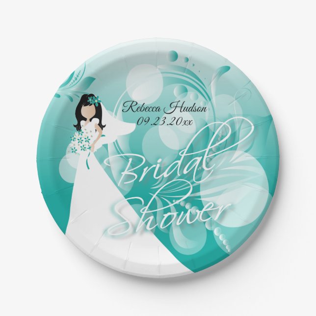 Bridal Shower in a Pretty Turquoise Blue and White Paper Plate (Front)