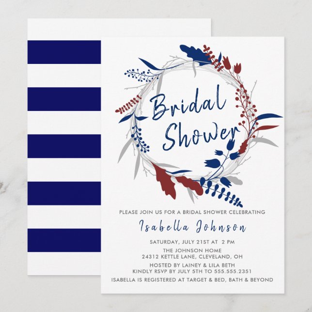 Bridal Shower in a Whimsical Blue Floral Wreath Invitation (Front/Back)