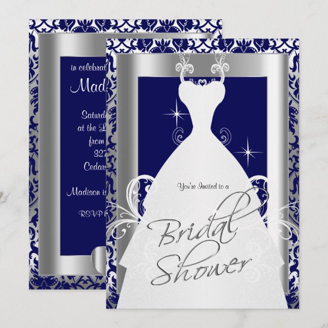 Bridal Shower in Navy Blue Damask and Silver Invitation (Front/Back)