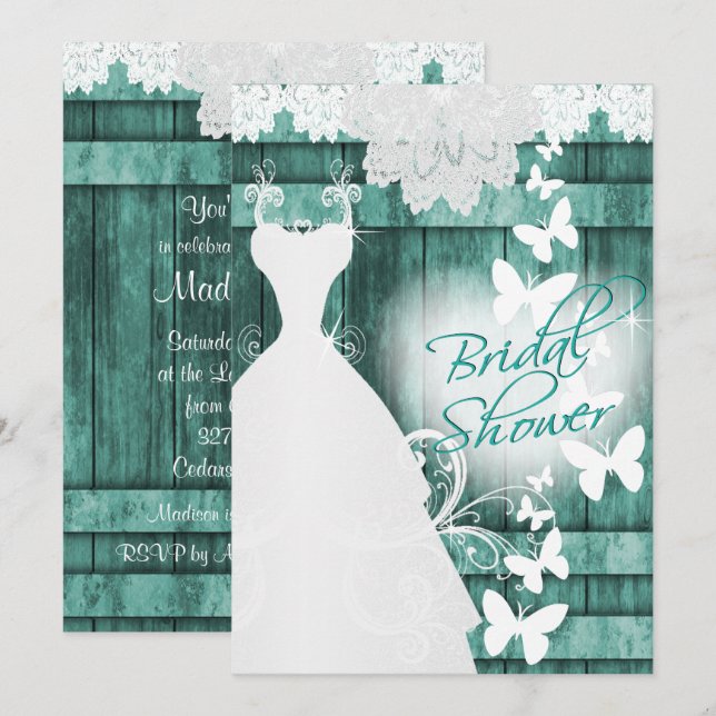 Bridal Shower in Rustic Teal Barn Wood and Lace Invitation (Front/Back)