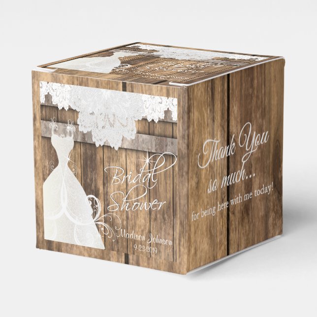 Bridal Shower in Rustic Wood and Lace Design Favor Box (Front Side)