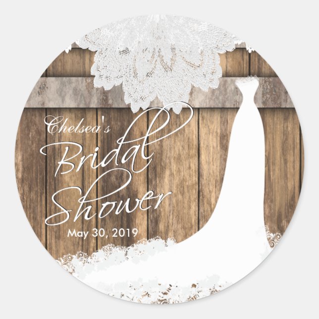 Bridal Shower in Rustic Wood & White Lace Classic Round Sticker (Front)