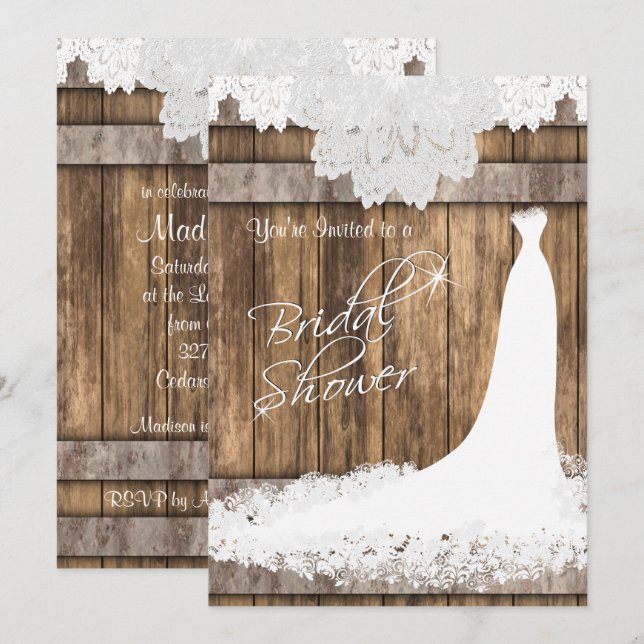 Bridal 👰  Shower in Rustic Wood & White Lace Invitation (Front/Back)