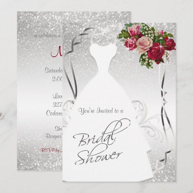 Bridal Shower in White and Silver Glitter Invitation (Front/Back)