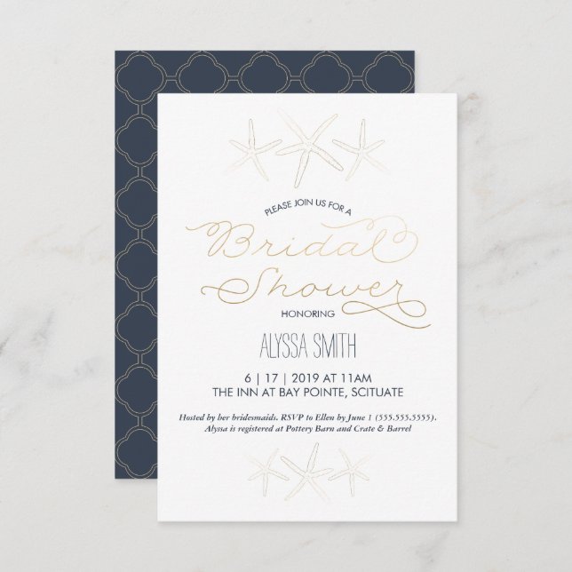 Bridal Shower Invitation - Beach, Starfish, Gold (Front/Back)
