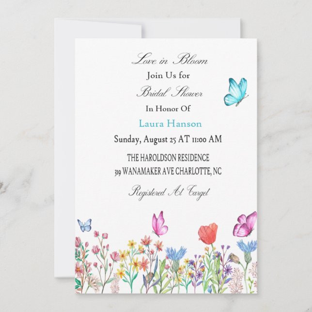 Bridal shower Invitation butterflies blue/purple (Front)