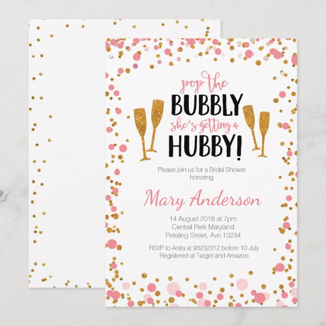 Bridal Shower invitation card - gold and pink (Front/Back)