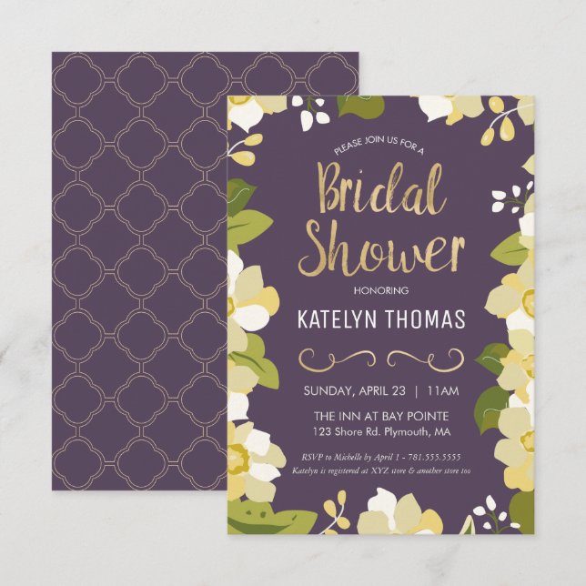 Bridal Shower Invitation, Customize Floral w/ Gold Invitation (Front/Back)