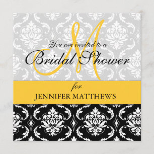 Bridal Shower Invitation Damask Yellow Monogram