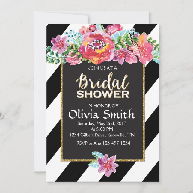 Bridal Shower Invitation, Floral Black & White Str Invitation (Front)