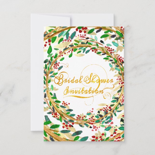 Bridal Shower Invitation Floral Gold Glitter Green (Front)