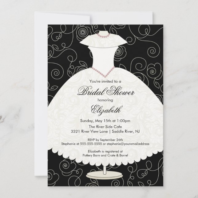 Bridal Shower Invitation Gown Black White Floral (Front)