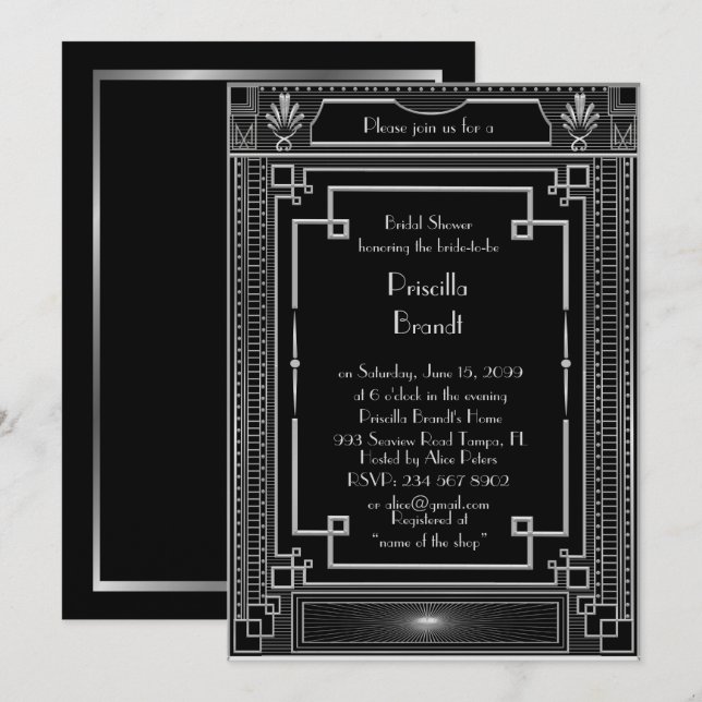 Bridal Shower invitation,great Gatsby black Silver Invitation (Front/Back)