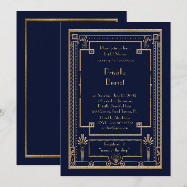 Bridal Shower invitation,great Gatsby gold navy Invitation (Front/Back)