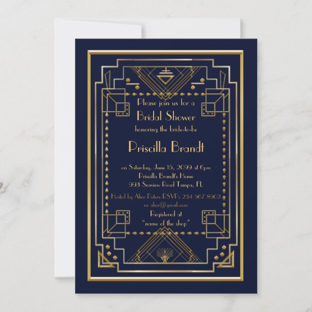 Bridal Shower invitation,great Gatsby, navy, gold Invitation (Front)