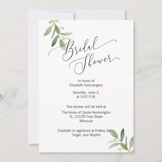 Bridal Shower Invitation Green Leaf Watercolor (Front)