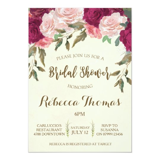 Bridal Shower invitation modern floral burgundy