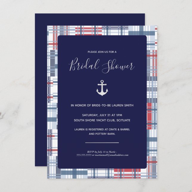 Bridal Shower Invitation, Nautical, Preppy, Navy Invitation (Front/Back)