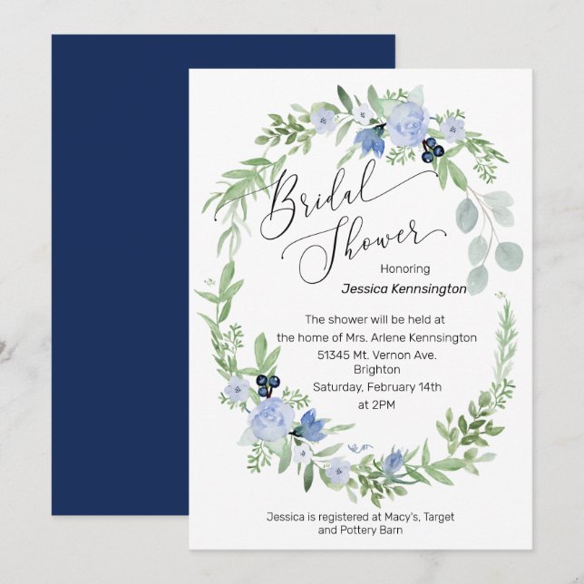 Bridal Shower Invitation Navy Blue Flowers (Front/Back)