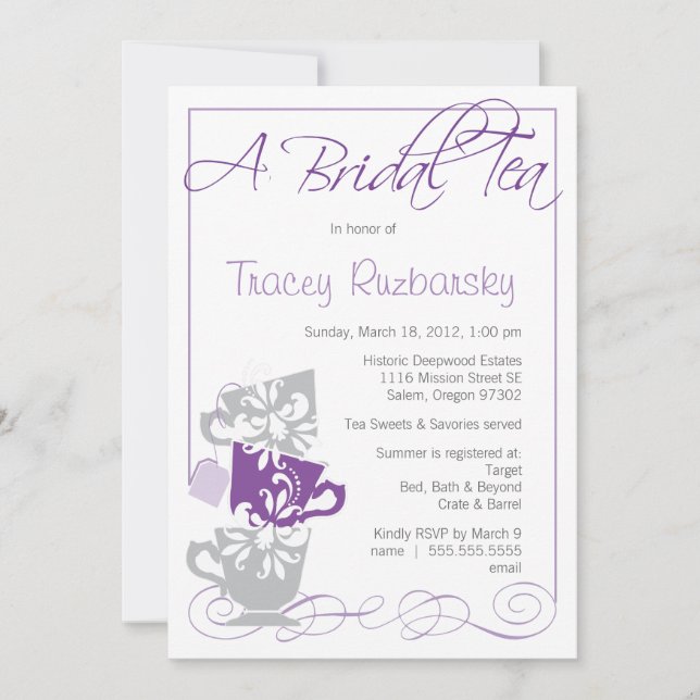 Bridal Shower Invitation - Tea  |  Purple and Grey (Front)
